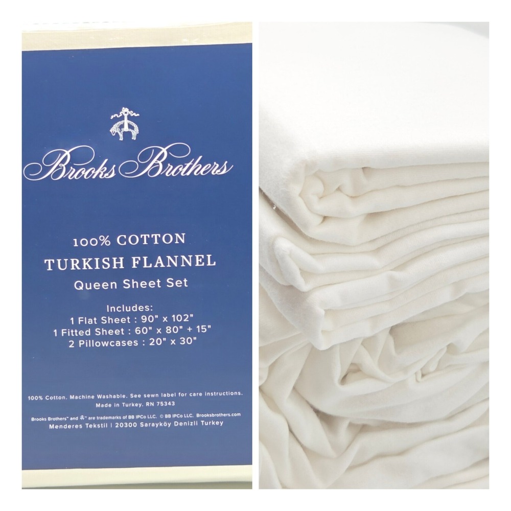 Brooks Brothers Queen Size 4pc Turkish Cotton Flannel Sheet Set‎ Ivory